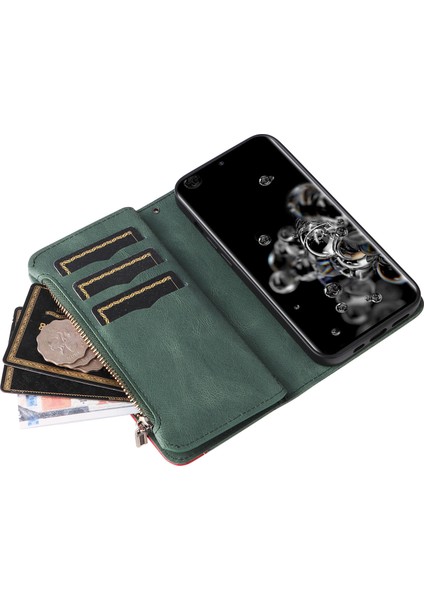 Durumda Samsung Galaxy S20 Ultra Dokuz Kart Yuvalı Zip Cüzdan Suni Deri Manyetik Kapatma Telefon Kılıfı (Yurt Dışından)