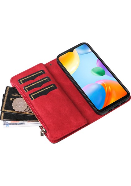 Durumda Xiaomi Redmi 10C Dokuz Kart Yuvalı Zip Cüzdan Suni Deri Manyetik Kapatma Telefon Kılıfı (Yurt Dışından) fırsatları