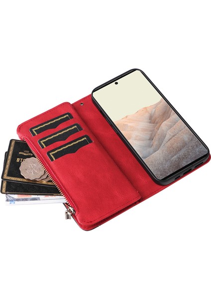 Durumda Google Pixel 6 Pro Dokuz Kart Yuvalı Zip Cüzdan Suni Deri Manyetik Kapatma Telefon Kılıfı (Yurt Dışından)
