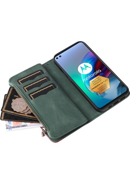 Durumda Motorola Edge S/G100 Dokuz Kart Yuvalı Zip Cüzdan Suni Deri Manyetik Kapatma Telefon Kılıfı (Yurt Dışından)