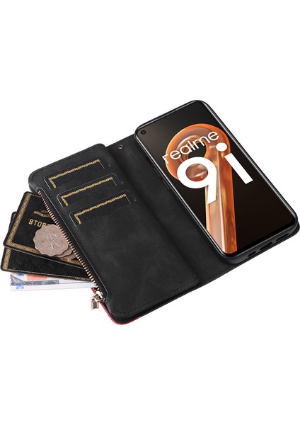 Durumda Oppo Realme 9i Dokuz Kart Yuvalı Zip Cüzdan Suni Deri Manyetik Kapatma Telefon Kılıfı (Yurt Dışından) fırsatları