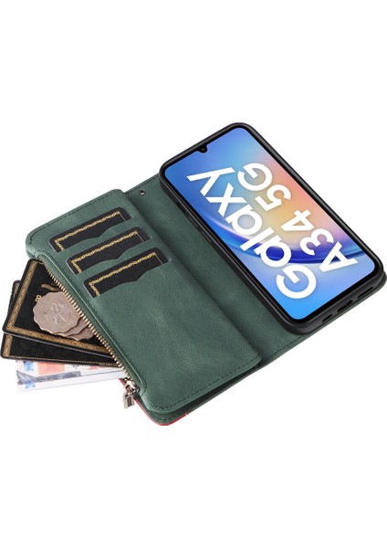 Durumda Samsung Galaxy A34 Dokuz Kart Yuvalı Zip Cüzdan Suni Deri Manyetik Kapatma Telefon Kılıfı (Yurt Dışından)
