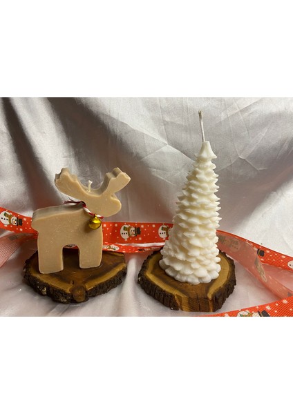Hediyelik ve Dekoratif 2'li Çam Ağacı ve Geyik Soya Mum %100 Vegan (Yılbaşı,cristmas) modelleri