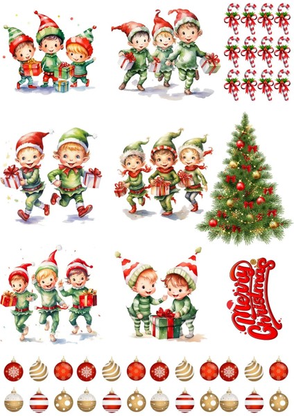 Yılbaşı Elfler Merry Christmas 44 Parça Cam Duvar Kapı Sticker Seti- Yılbaşı Seti fiyatları