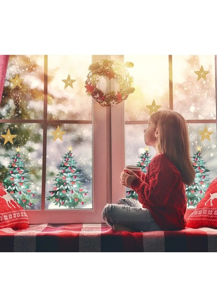 Yeni Yıl Süslü Yılbaşı Ağacı Cam Duvar Sticker Seti - Yılbaşı Seti