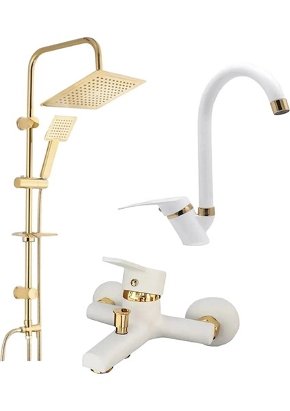 Beyaz Gold Robot Duş Seti Lavabo Banyo Bataryası 3'lü Set Takım