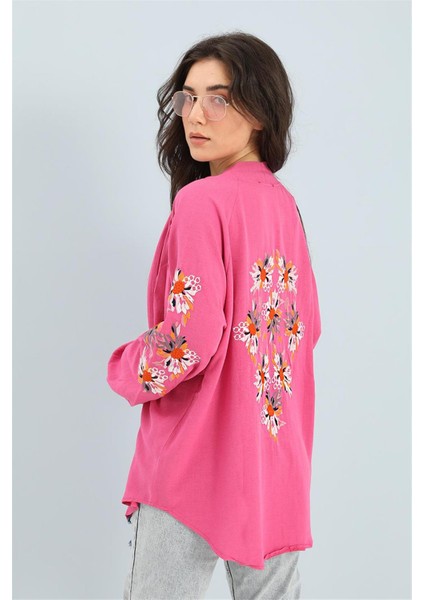 Marissa Butik Kimono Reglan Kol Nakışlı Keten - Fuşya