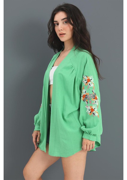 Marissa Butik Kimono Reglan Kol Nakışlı Keten - Yeşil