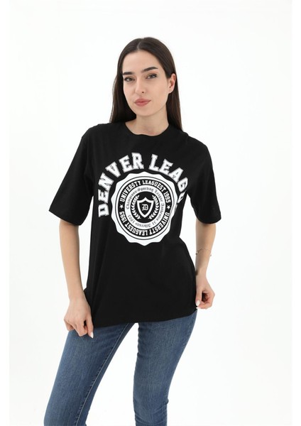 Bisiklet Yaka Denver Leagune Baskılı T-Shirt - Siyah