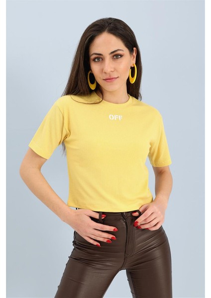 Tshirt Crop Bisiklet Yaka Off Yazılı - Sarı