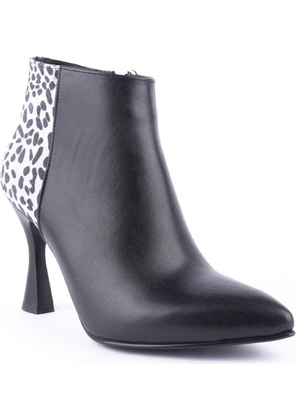 Modern Klasik Sade Topuklu Stiletto Deri Bot Siyah Leopar 4412