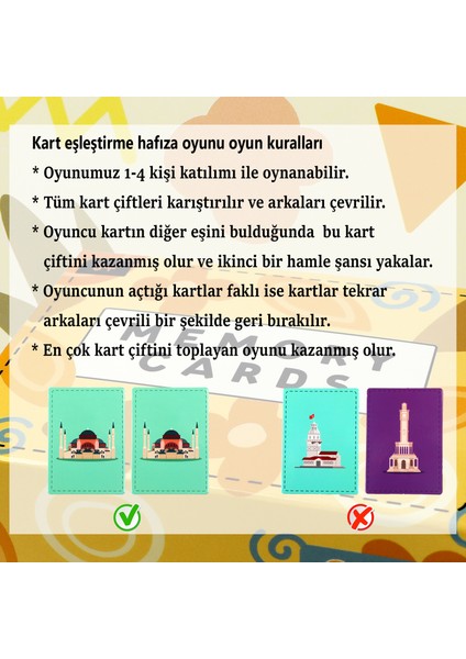 Okul Öncesi Hafıza Eşleştirme Ve Zeka Kartları Puzzle Oyuncak Şehir Simgeleri 12 Çift