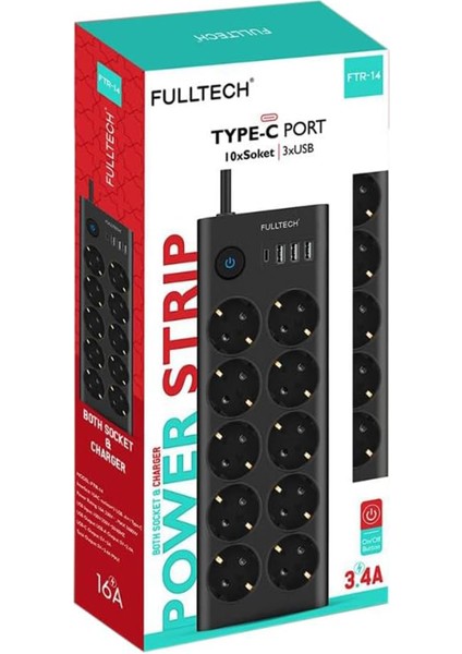 Fulltech FTR14 Type-C Girişli Akım Korumalı 10'lu Priz, 3 USB