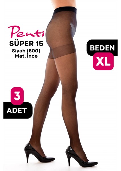 Süper 15 Den Mat Ince Külotlu Çorap Siyah (500) - 4 Numara x Large 3 Adet