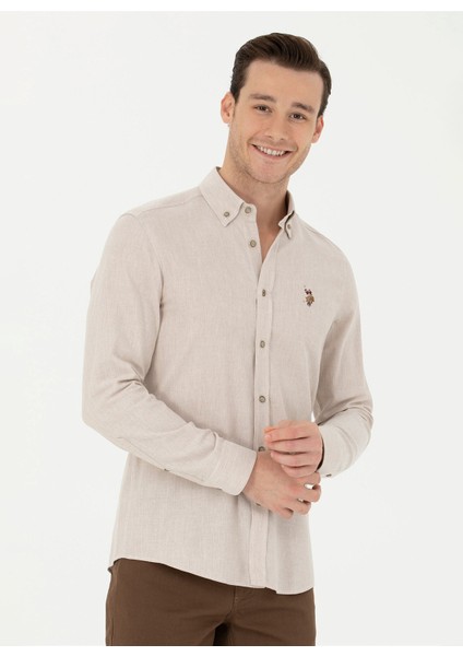 Slim Fit Düğmeli Yaka Bej Erkek Gömlek AKIS023K