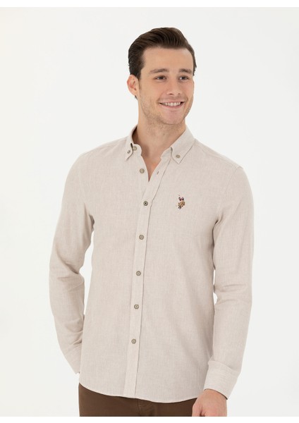 Slim Fit Düğmeli Yaka Bej Erkek Gömlek AKIS023K modelleri
