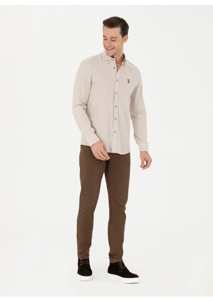 Slim Fit Düğmeli Yaka Bej Erkek Gömlek AKIS023K fırsatları