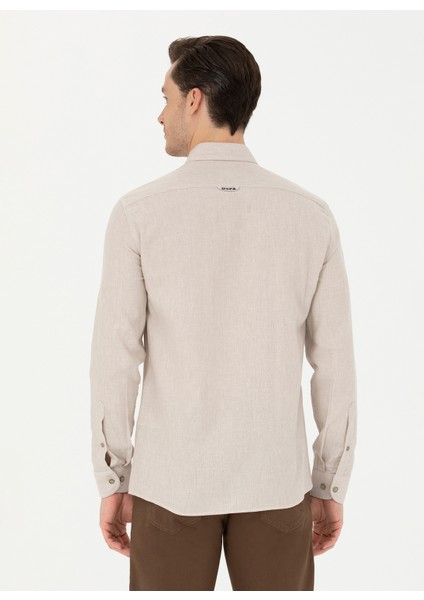Slim Fit Düğmeli Yaka Bej Erkek Gömlek AKIS023K indirimleri