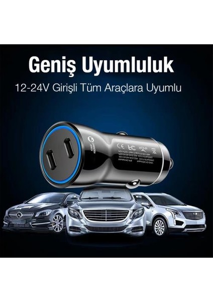 60W Turbo Araç Şarjı 2 Type-C Girişli Şarj Akım Korumalı Araç Çakmaklık Şarjı 12V-24V Araç Şarj