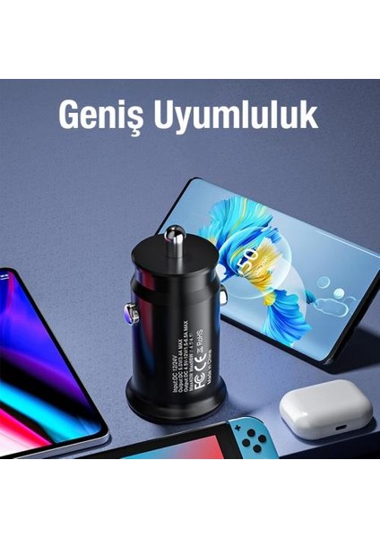 Coofbe Turbo Şarj Akım Korumalı 20W Araç Şarjı USB +Type-C Girişli Qc3.0 Araç Çakmaklık Şarj Başlığı