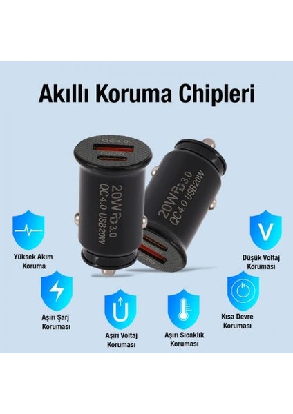 Coofbe Turbo Şarj Akım Korumalı 20W Araç Şarjı USB +Type-C Girişli Qc3.0 Araç Çakmaklık Şarj Başlığı