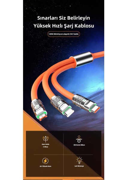 Coofbe Super Turbo Şarj 120W 3in1 Şarj Kablosu Micro Type-C Iphone Şarj Kablosu Kalın Kopmaz Kablo