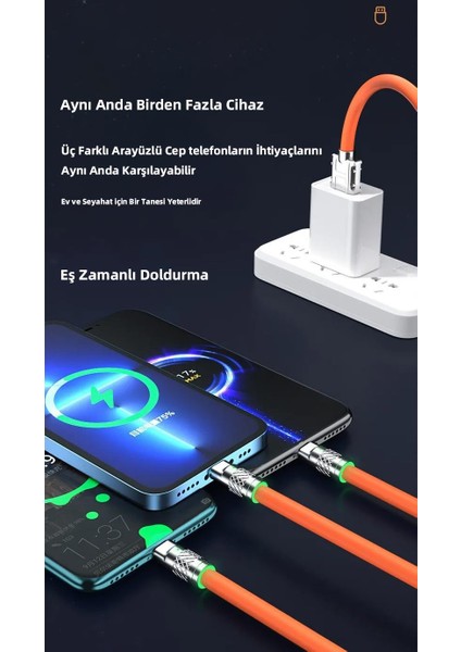 Coofbe Super Turbo Şarj 120W 3in1 Şarj Kablosu Micro Type-C Iphone Şarj Kablosu Kalın Kopmaz Kablo