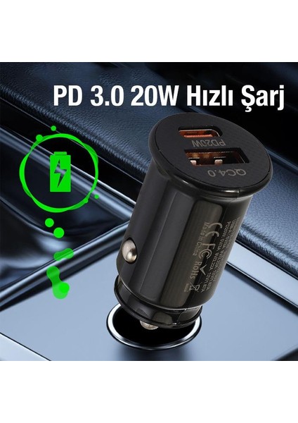 20W Ultra Hızlı 1x USB ve 1x Type C Girişli Araç Şarj Başlığı, 12/24V Tüm Girişlere Uyumlu, Isı ve Akım Korumalı Şarj Başlığı