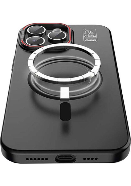 iPhone 15 Uyumlu Kılıf Recci Magnetic Glass Serisi Standlı Magsafe Şarj Özellikli Kapak Siyah modelleri