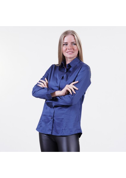 Okyanus Mavisi Elegant Basic Sade Tek Renk Uzun Kollu Kadın Gömlek