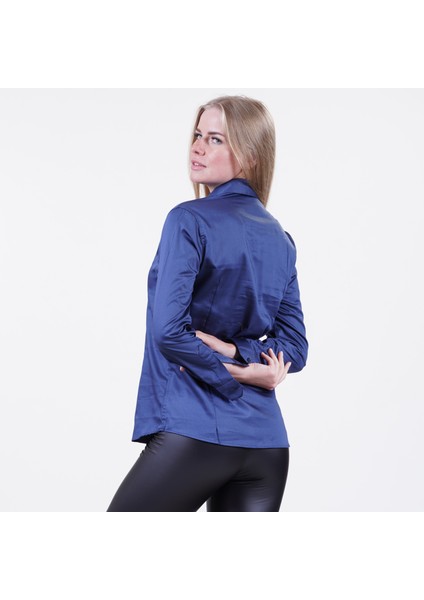 Okyanus Mavisi Elegant Basic Sade Tek Renk Uzun Kollu Kadın Gömlek fırsatları