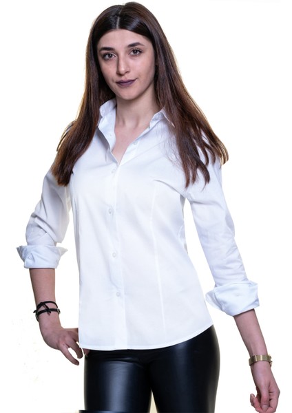 Beyaz Basic Sade Tek Renk Uzun Kollu Kadın Gömlek