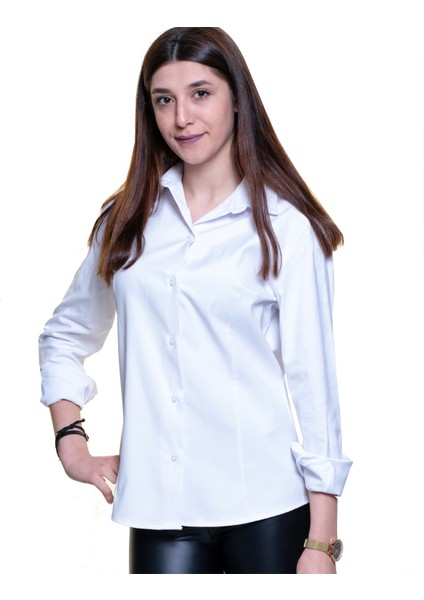 Beyaz Basic Sade Tek Renk Uzun Kollu Kadın Gömlek