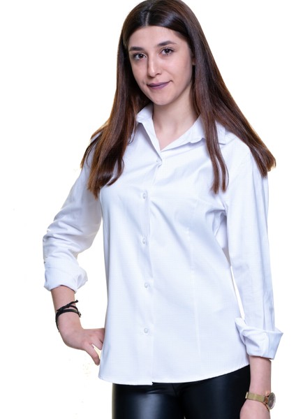 Beyaz Tona Ton Puantiye Desenli Uzun Kollu Kadın Gömlek