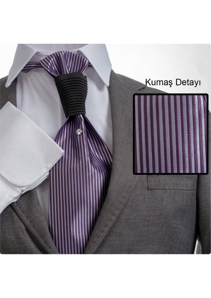 Mor Lila Elegant Jakar Dokuma Damatlık & Özel Geceler Için Lüks Tuxedo Taşlı Kravat AG0107