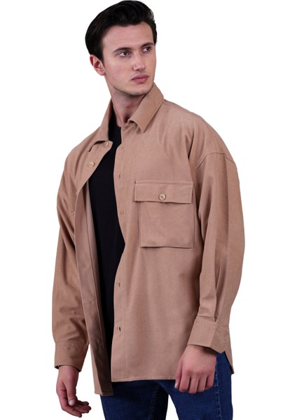 Camel Sütlü Kahve Düz Tek Renk Sade Oversize Kışlık 4 Cepli Salaş Oduncu Büyük Beden Süet Gömlek