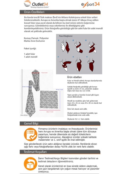 Exve Exclusive Gri Gümüş Üzeri Geometrik Desenli Elegant Fular Mendil Seti