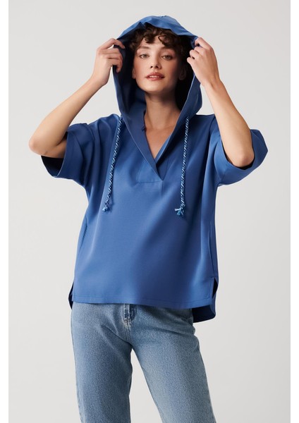 Düz Kordon Detaylı Kapüşonlu Sweatshirt-Indigo