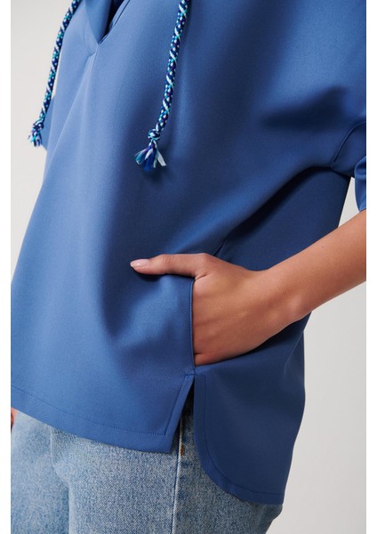 Düz Kordon Detaylı Kapüşonlu Sweatshirt-Indigo
