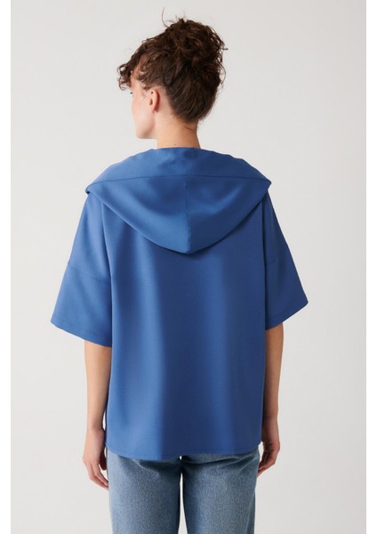 Düz Kordon Detaylı Kapüşonlu Sweatshirt-Indigo