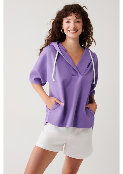 Düz Kordon Detaylı Kapüşonlu Sweatshirt-Lila