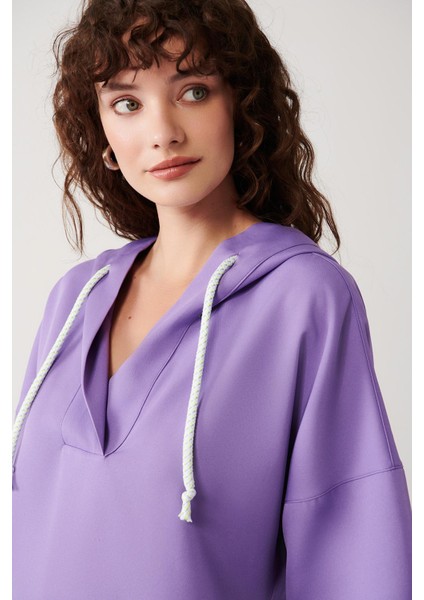 Düz Kordon Detaylı Kapüşonlu Sweatshirt-Lila
