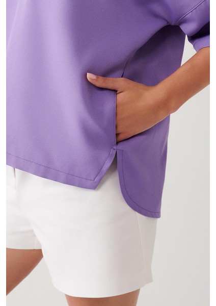 Düz Kordon Detaylı Kapüşonlu Sweatshirt-Lila