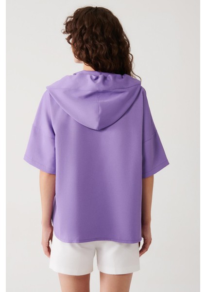 Düz Kordon Detaylı Kapüşonlu Sweatshirt-Lila