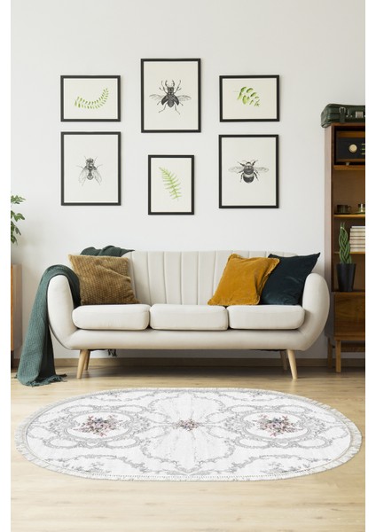 Dijital Salon Halısı Yıldız Deri Kaymaz Taban Saçaklı Oval Modern Anabelle Gri