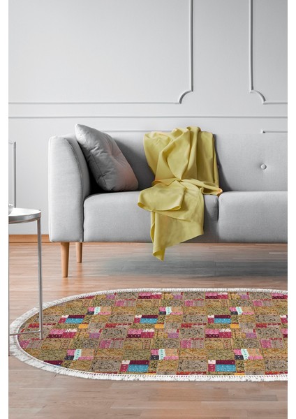 Dijital Salon Halısı Yıldız Deri Kaymaz Taban Saçaklı Oval Modern Phebe Renkli