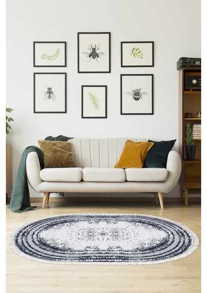 Dijital Salon Halısı Trend Keçe Kaymaz Taban Saçaklı Oval Modern Mollie Lacivert
