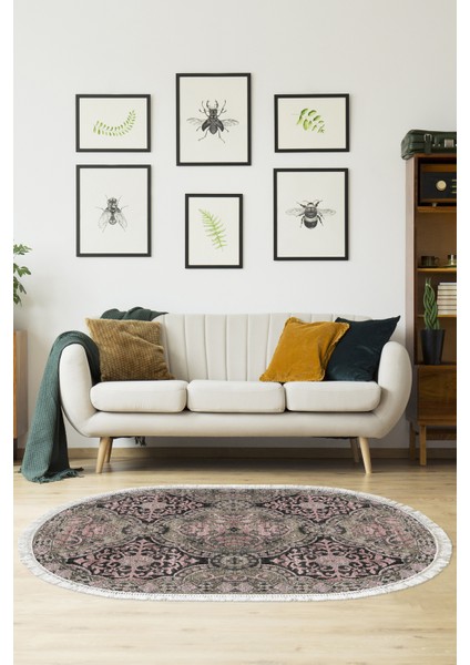 Dijital Salon Halısı Yıldız Deri Kaymaz Taban Saçaklı Oval Modern Osana Pudra