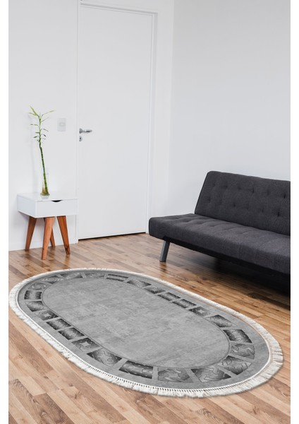 Dijital Salon Halısı Yıldız Deri Kaymaz Taban Saçaklı Oval Modern Twyla Gri