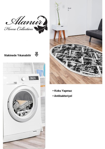 Dijital Salon Halısı Yıldız Deri Kaymaz Taban Saçaklı Oval Iskandinav Roxanne Siyah